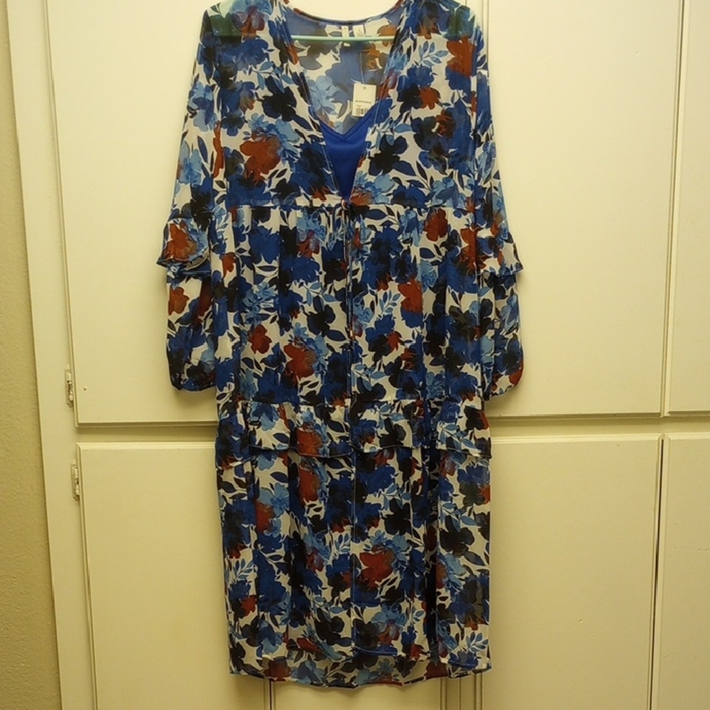 Blue and Brown Casual Sundress with Bishop Sleeves
